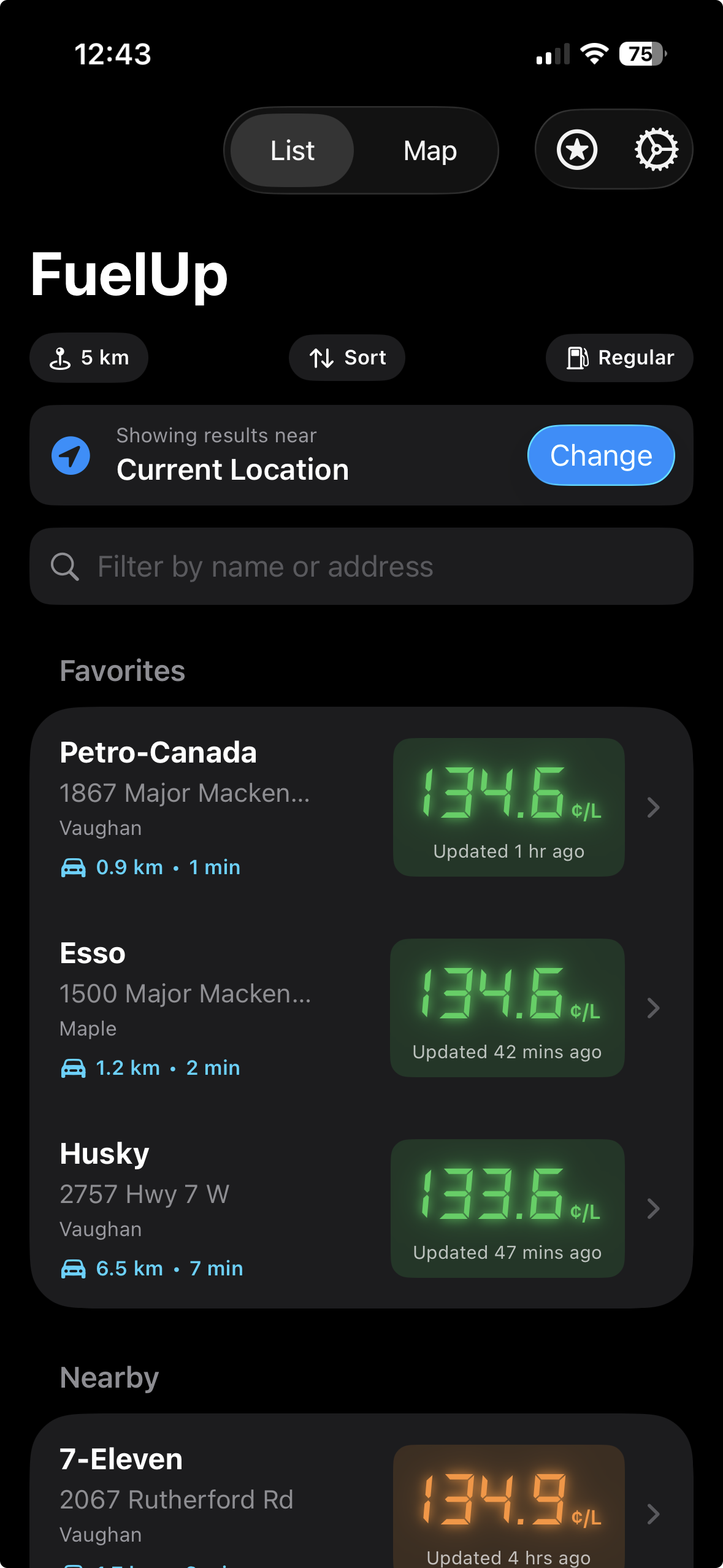 FuelUp's sorted price list, the core one-tap experience