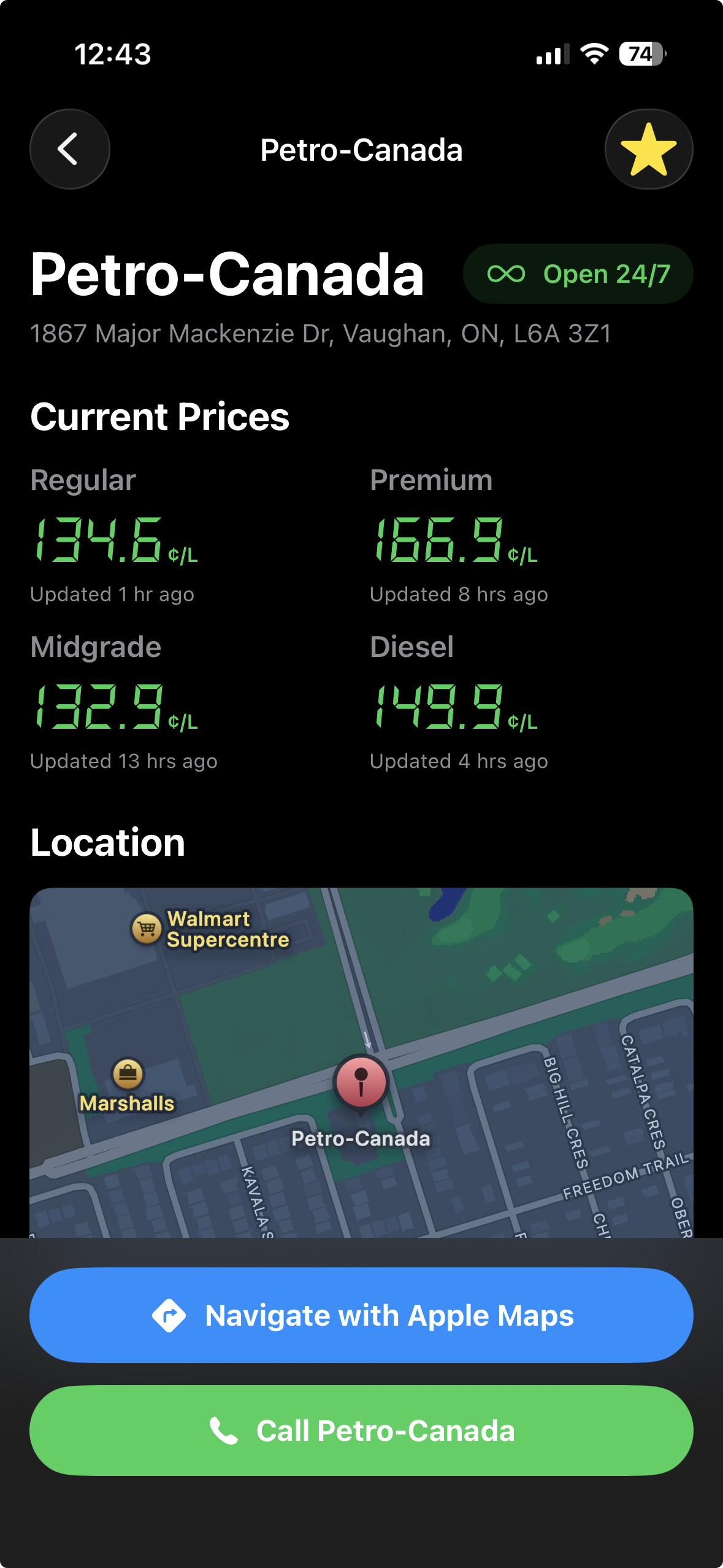 Station detail with price history and navigation shortcuts